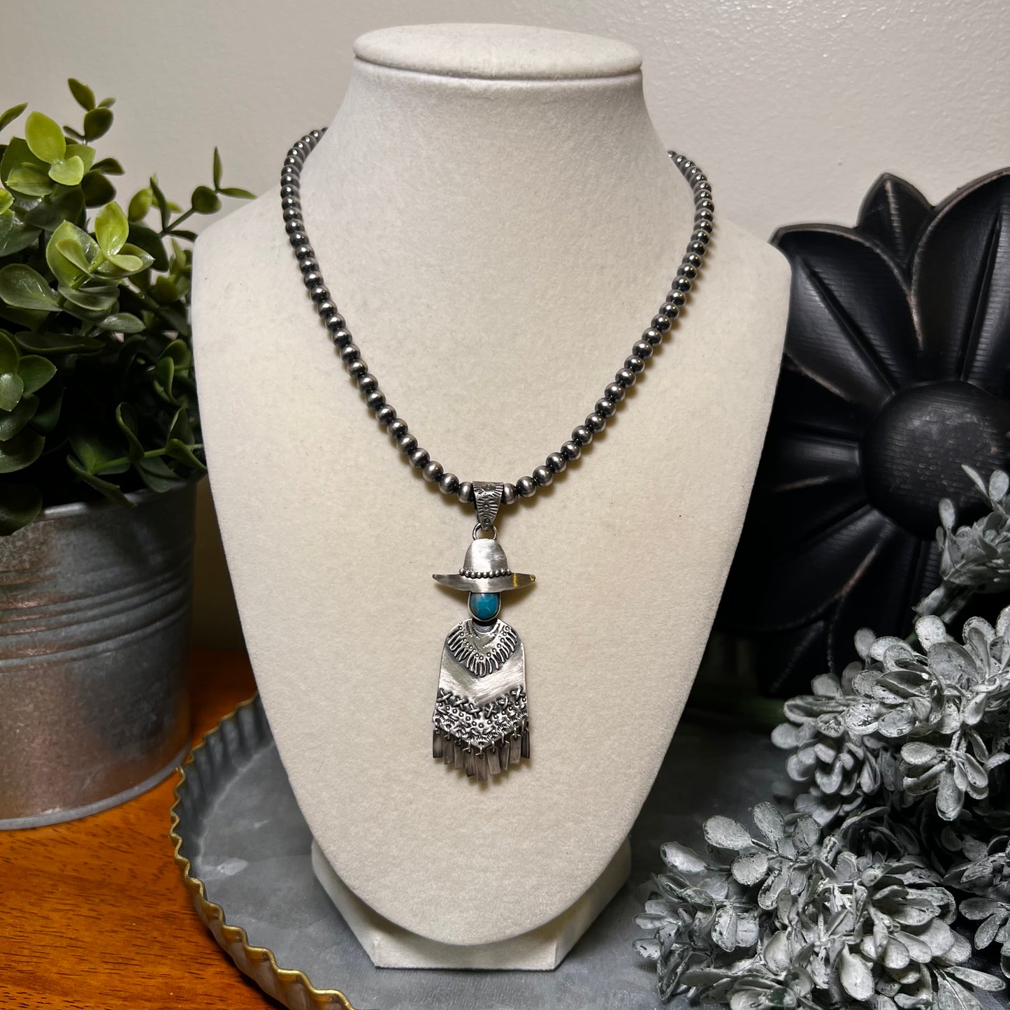 Cowboy Poncho Pendant in Sterling Silver & Kingman Turquoise