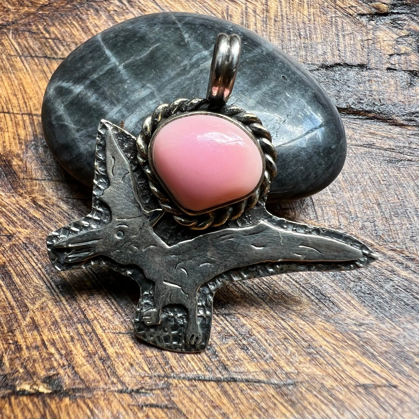 Sterling Silver Pink Conch Pterodactyl Dinosaur Pendant