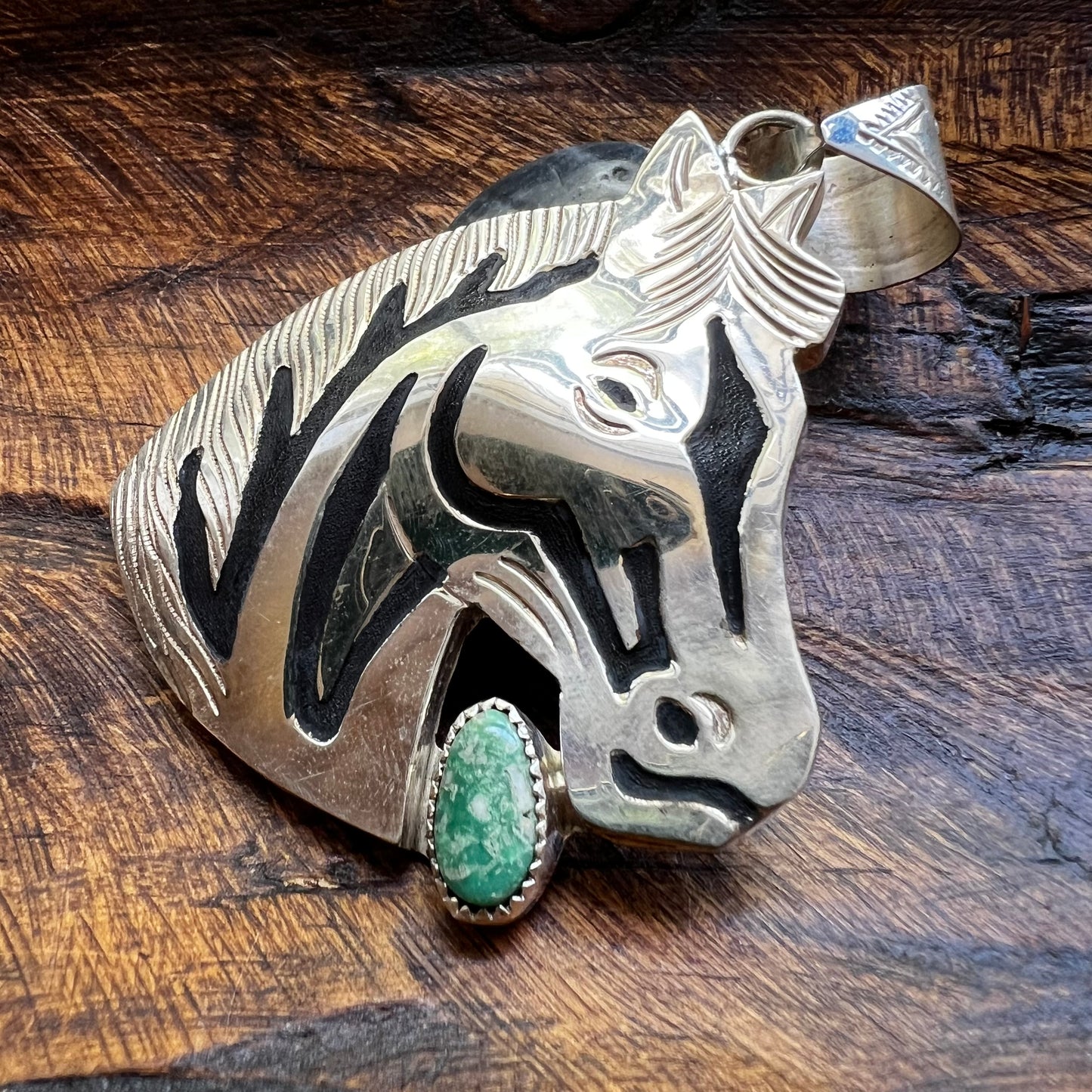 Alonzo Mariano Navajo Sterling Silver Horse Kingman Turquoise Pendant Signed