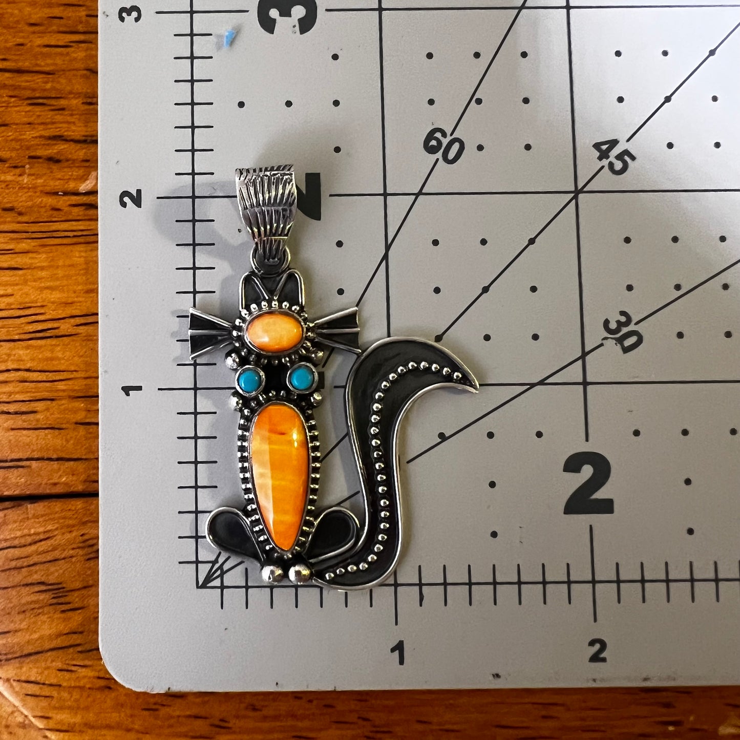 Handcrafted Sterling Silver Spiny Oyster & Kingman Turquoise Cat Pendant