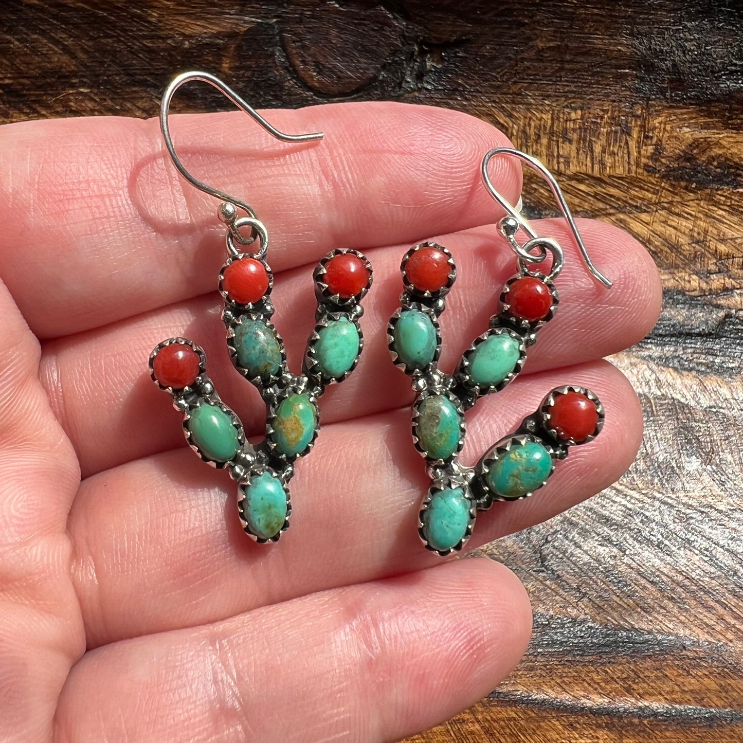 Sterling Silver Kingman Turquoise Red Coral Cactus Dangle Earrings