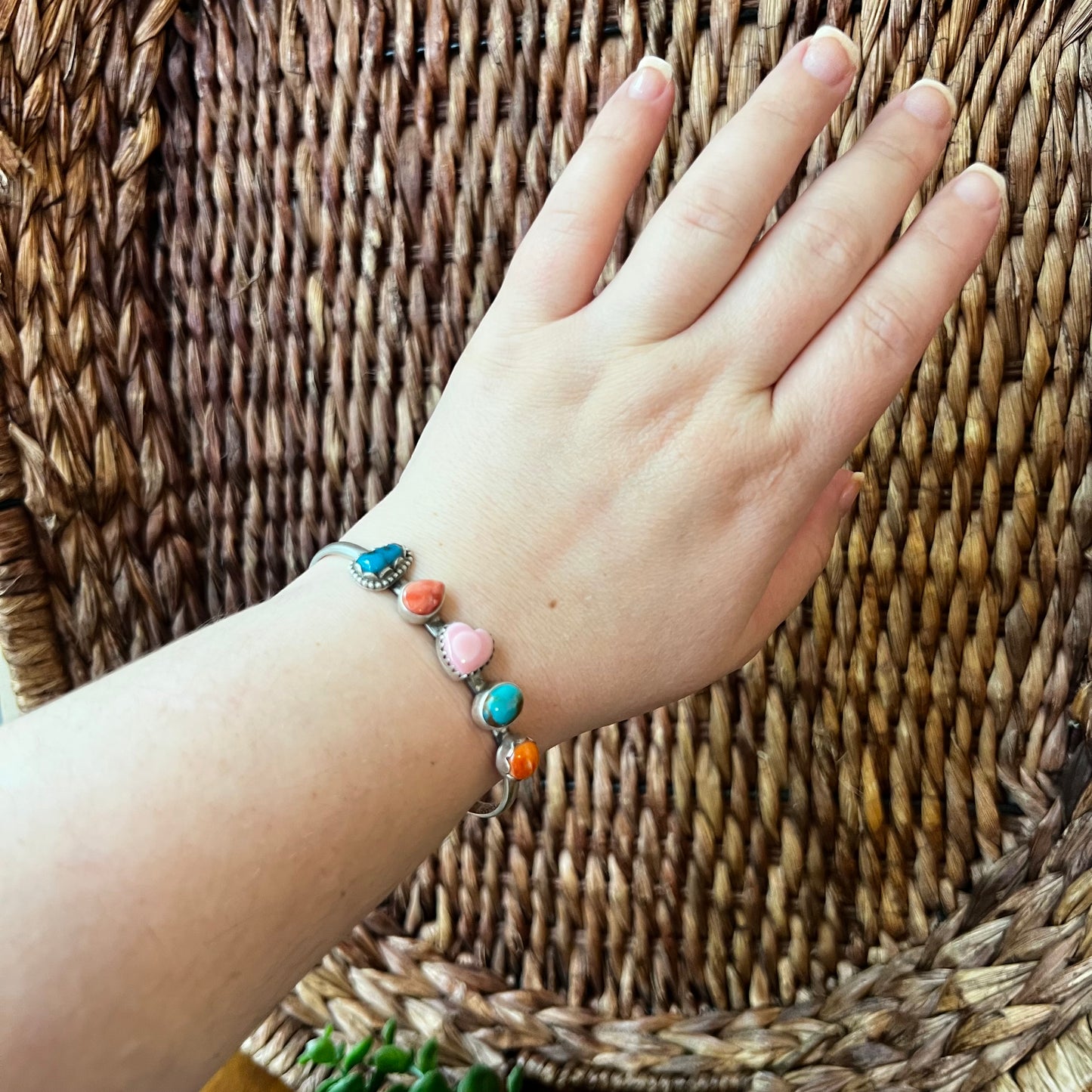 Multi-Stone Sterling Silver Cuff Bracelet | Turquoise, Queen Conch & Spiny Oyster | Size 7.5