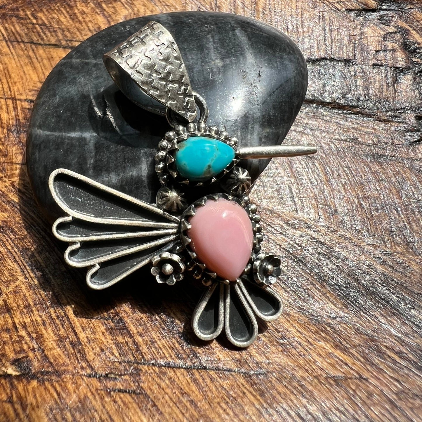 Sterling Silver Kingman Turquoise Queen Conch Hummingbird Pendant
