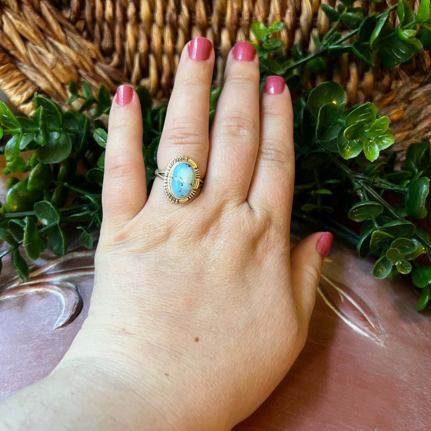 Golden Hills Turquoise Ring Size 8 Navajo Sterling Silver Norvin Johnson