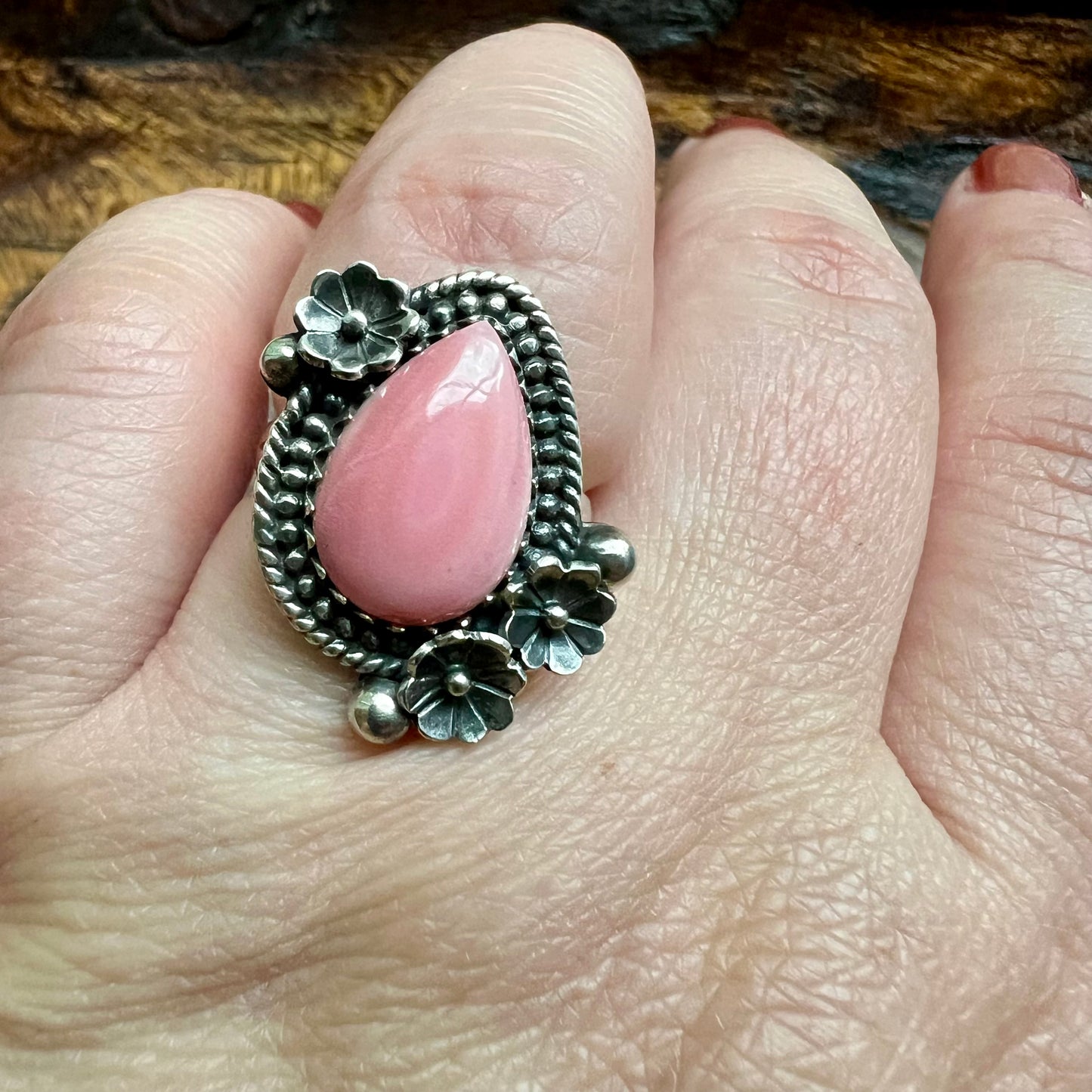 Pink Queen Conch Floral Ring – Size 7