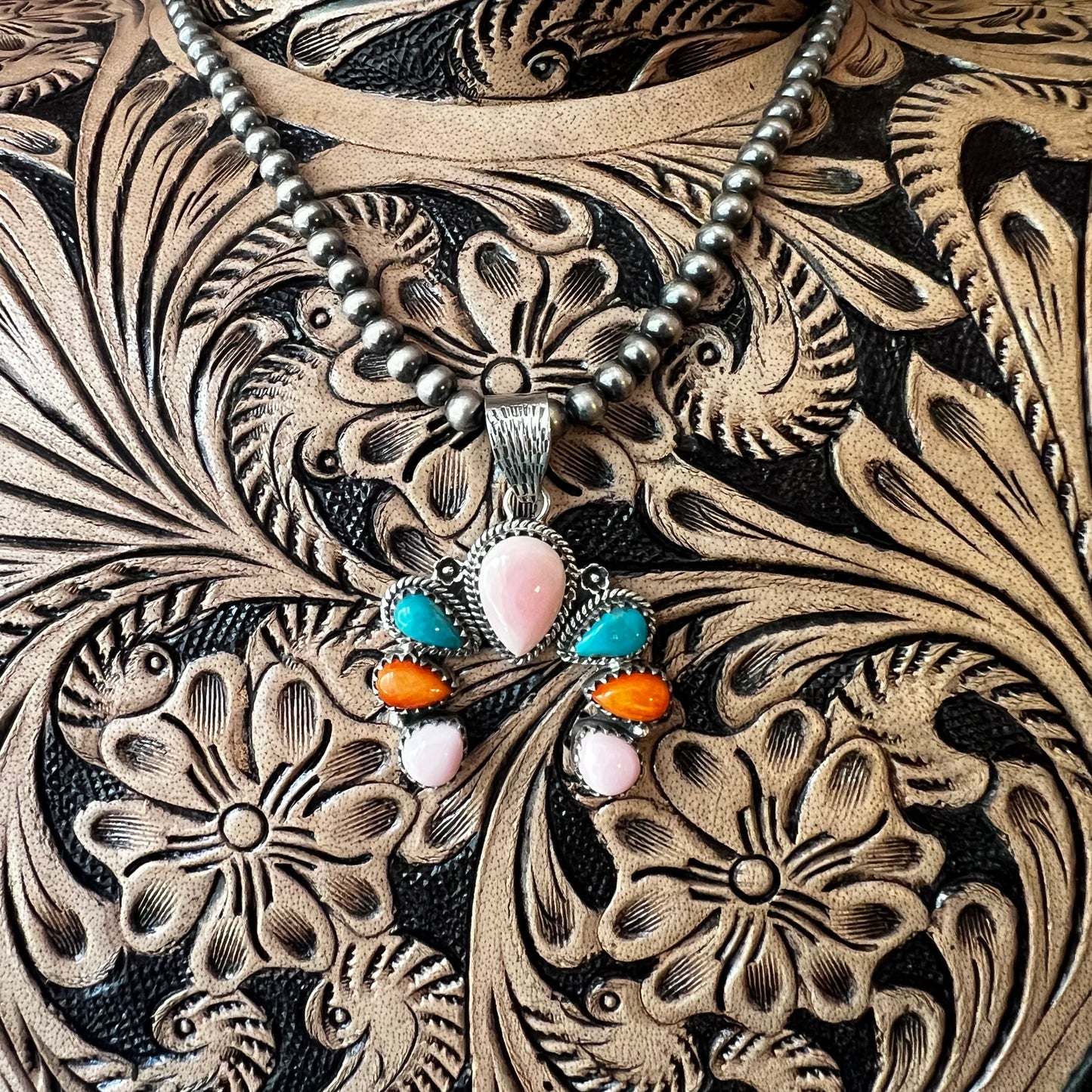 Queen Conch, Kingman Turquoise & Spiny Oyster Naja Sterling Silver Pendant