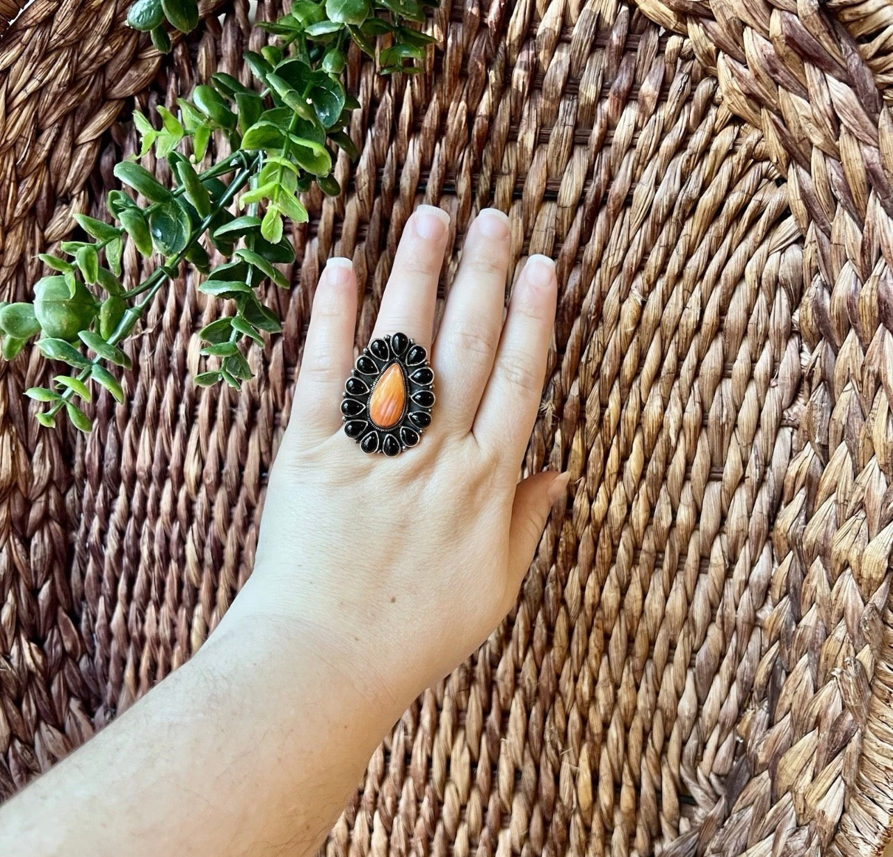 Spiny Oyster & Black Onyx Cluster Statement Ring | Sterling Silver | Size 7