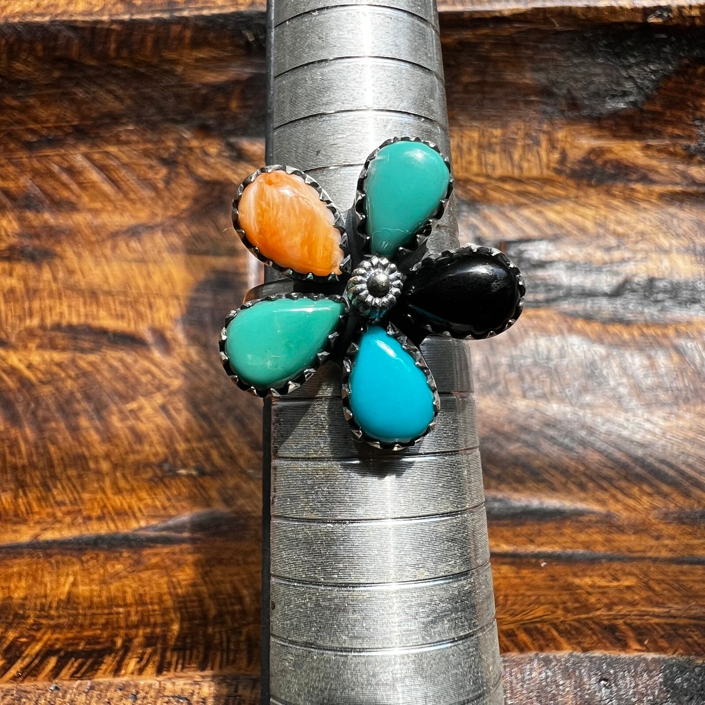 Sterling Silver Multi-Stone Flower Spinner Ring | Southwestern
