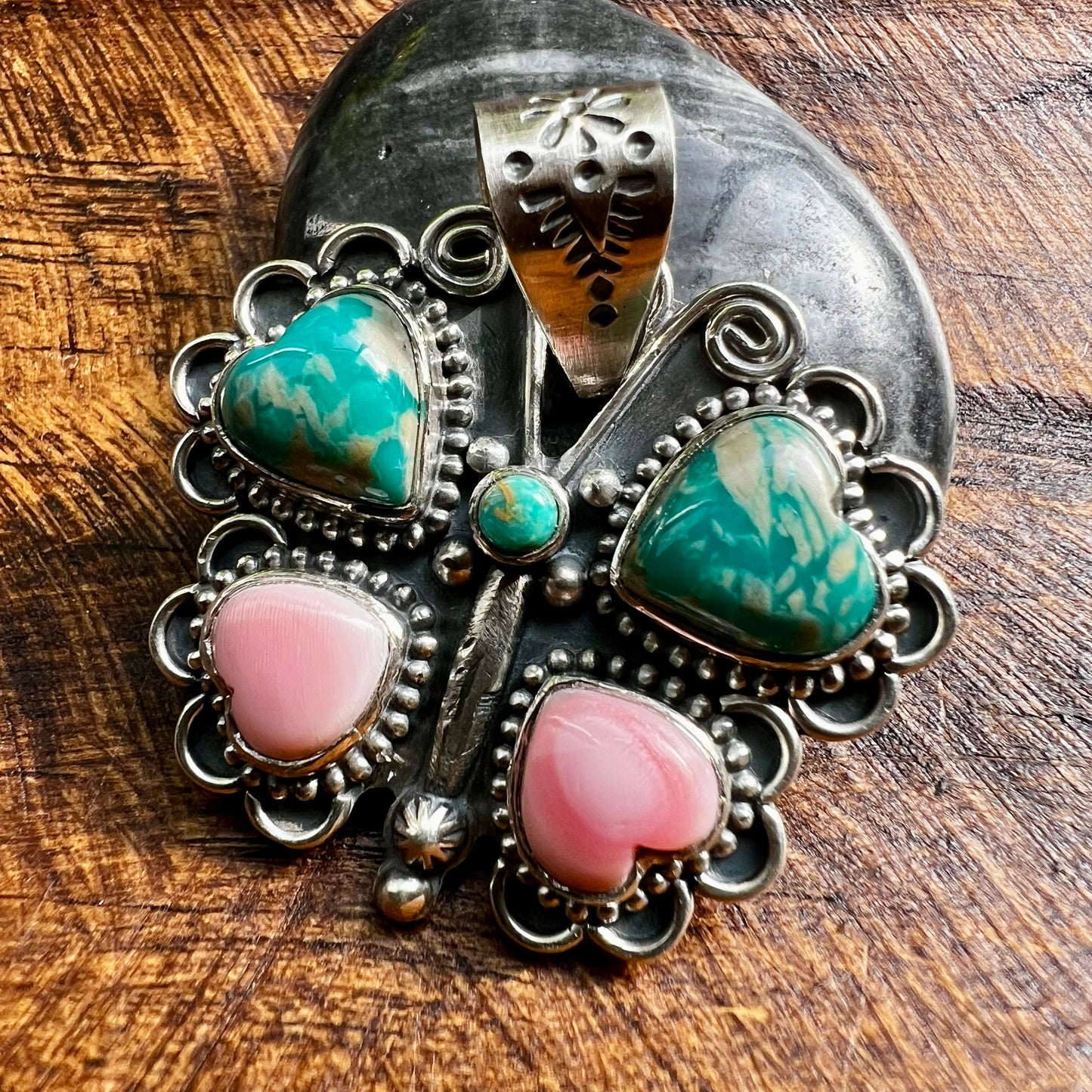 Ribbon Turquoise & Queen Conch Butterfly Pendant | Sterling Silver Handmade Southwest Jewelry
