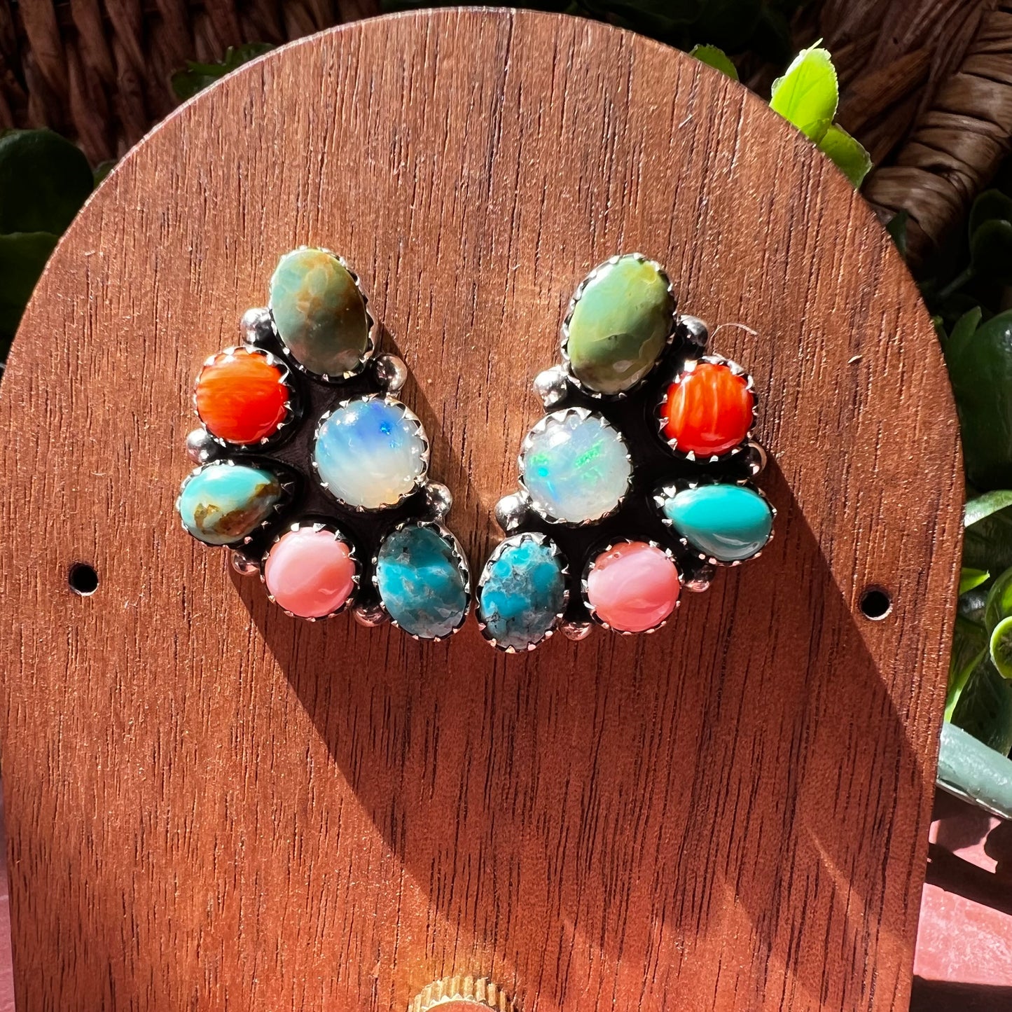Multistone Cluster Earrings in Sterling Silver | Turquoise, Opal, Pink Conch & Spiny Oyster