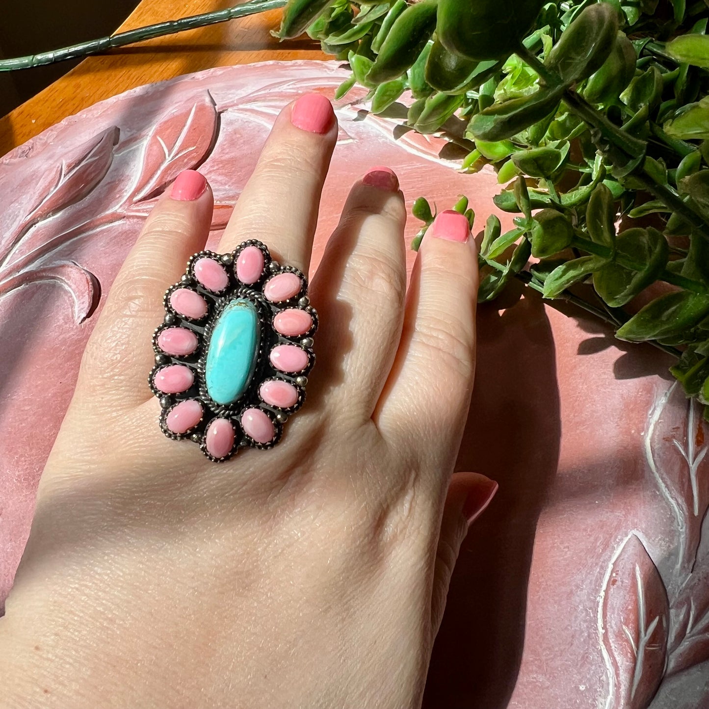 Desert Bloom Cluster Ring – Kingman Turquoise & Queen Conch Sterling Silver