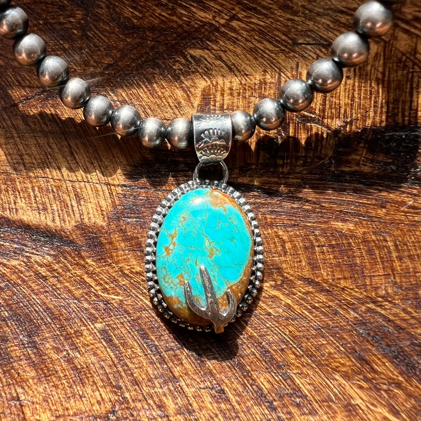 925 Sterling Silver Kingman Turquoise Cactus Pendant Handmade Southwestern
